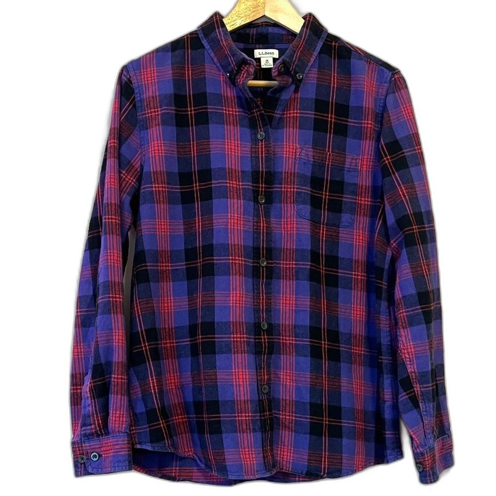 LL Bean Scotch Plaid Flannel Shirt Relaxed Purple Red Medium Gorpcore Cabin